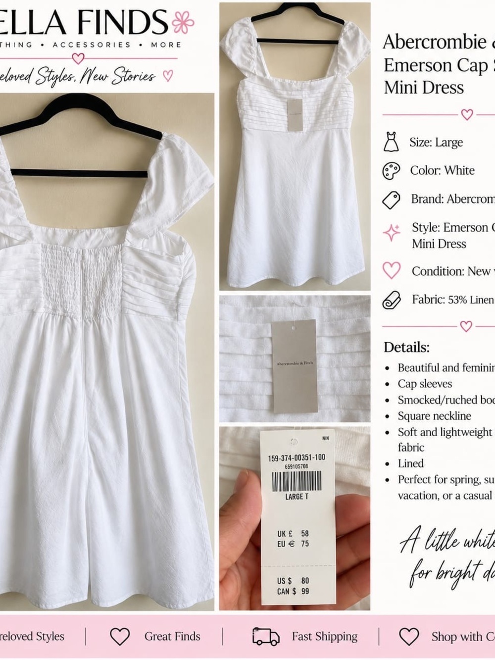 Abercrombie & Fitch White Emerson Cap Sleeve Mini Dress